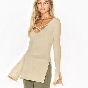 Free People Y2K Textured Sweater Dress Long Sleeve Tunic Ivory Sz S